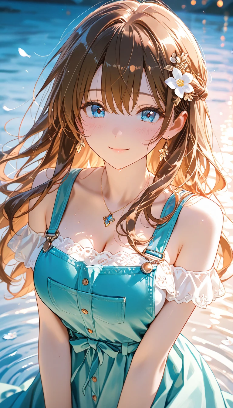 (masterpiece、Highest quality:1.2),Frame In、 Cowboy Shot, solo, One Girl, Seeing the viewer, (Highest quality, 8k, oil, Tabletop:1.2), Very detailed, (Realistic, Realistic:1.37), Vibrant colors, (((Seaside)))、White camisole、Blue ide Ponytail、Brown Hair、smile、evening、horizontal line