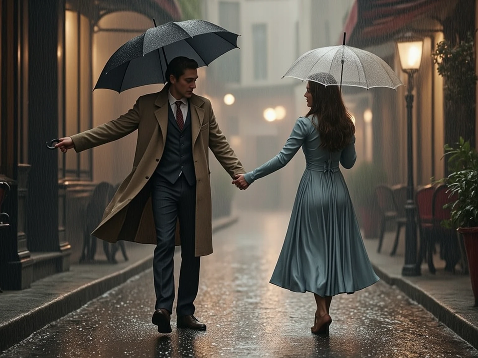 Mona Lisa and a man walking on the street, gentle expression, full body portrait, barefoot, streaks of light falling from the sky, masterpiece, highest quality, high quality, highly detailed CG unit 8k wallpaper, award winning photo, bokeh, depth of field, HDR, flood, chromatic aberration, realistic, very detailed, art station trend, CGsociety trend, complex, high detail, dramatic, midway art, volumetric lighting