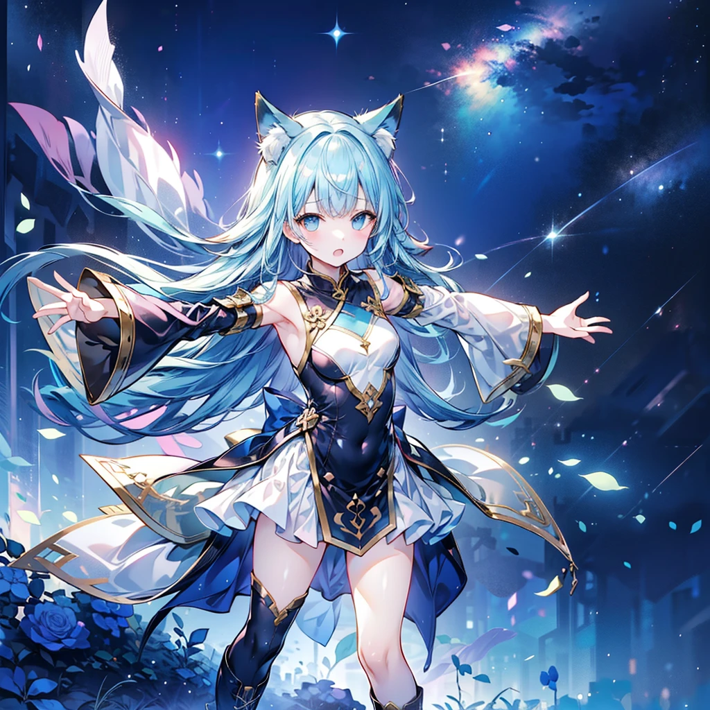 1girl, medium hair, blue hair, blue eyes, large breasts, white dress, cleavage, animal ears, fox ears, fox tail, <lora:Liliana:0.6>, smile, <lora:RAL:0.5>, cloud, night, starry sky, ocean, shooting star, scenery,outstretched arm,floating, island,indoors,bird,building,sparkle,sun, (cityscape|palace), standing, looking at viewer