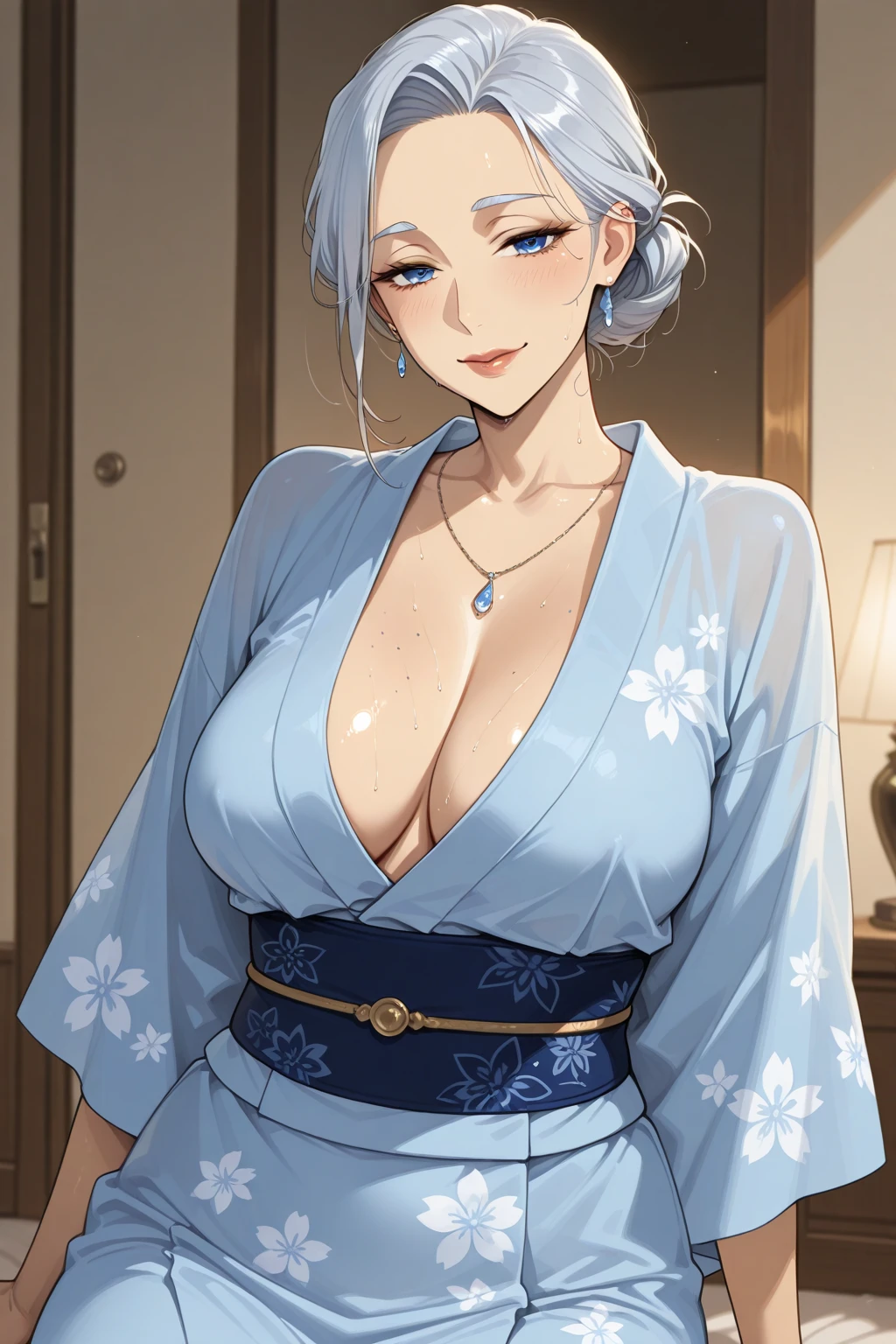 (large breasts:1.5),(shiny hair),((solo)),((masterpiece)),((best quality)),perfect ???????,slim waist,perfect image,8k UHD,(beautiful detailed eyes:1.5),extremely detailed face,standing,(upper body:1.2),(look at the front:1.5),arms behindback,ultra-detailed,absurdres,highres,indoor room,(gray hair),(forehead:1.1),semi-long hair,kimono,(Purple kimono:1.2),((sensitive smile)),sexy mature women,30 yeals-old,mature female,beautiful skin,
