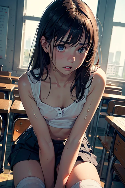(masterpiece, best quality:1.2), a hyperrealistic , solo, 1girl, yukinoshita yukino, (shiny skin, wet skin:1.2), sweating, slight smile, looking at viewer, on all fours, , white shirt, plaid skirt, thighhighs, afternoon, classroom hyperrealistic , sultry look, seductive,
