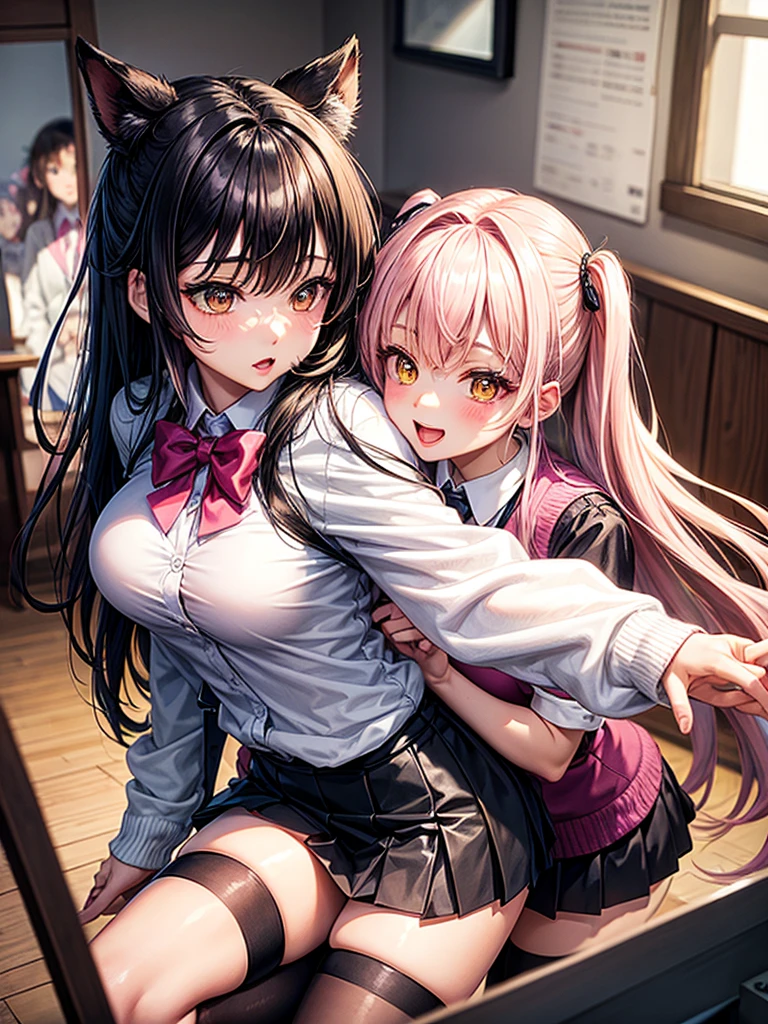 (Best quality, 8k, 32k, Masterpiece, UHD,:1.2),RAW, 2girls,ultra cute , natural lighting,transparent shining eyes, 20yo,medium breast ,fair complexion ,flushed face, (Pink floral hair ornament), brown hair, (sheer micro panties:1.6), cameltoe, School, classroom, loafers, nsfw, shiny, show off panties,, Cowboy shot, see-through shirt, show off breasts under shirt, Touching each other's breast