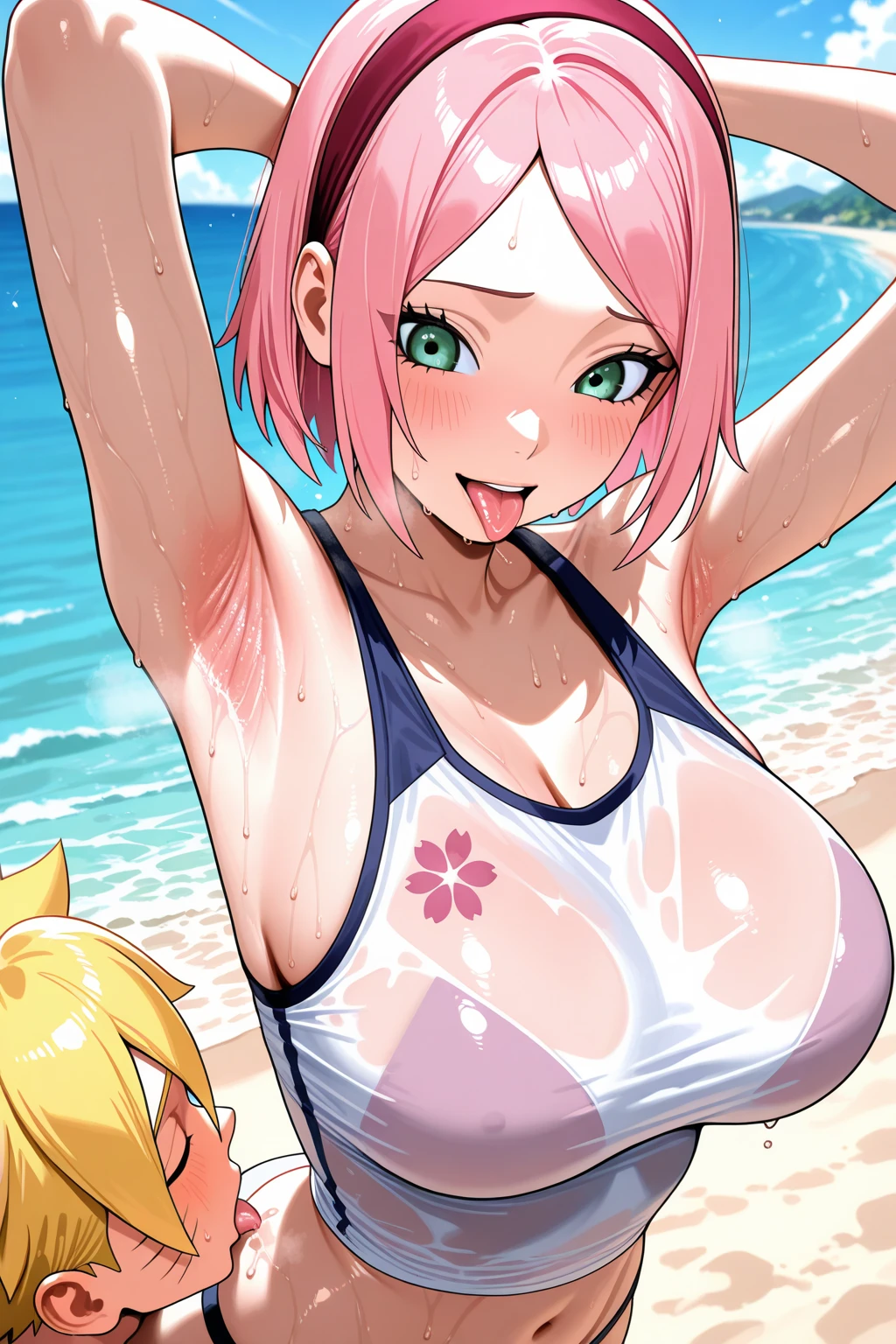 (obra maestra, Mejor calidad:1.2), solo, 1 chica, sakura haruno, marca en la frente, sonrisa, mirando al espectador, black bikini, huge breast, flashing tits