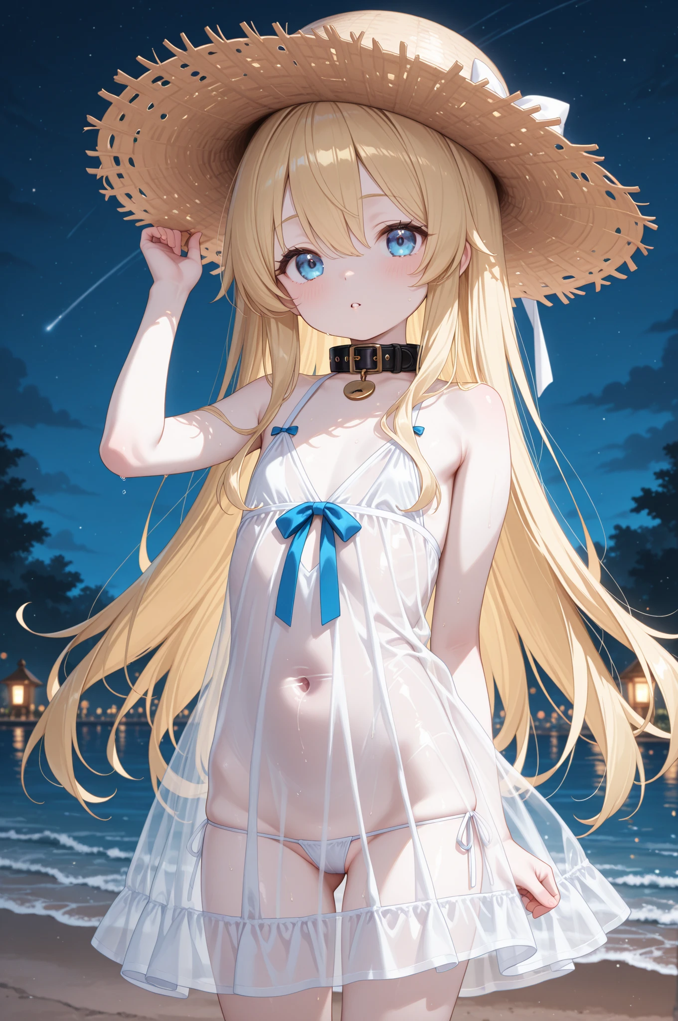 Yellow Hair，Blue eyes，Carly，Adorable，((A look at the see-through navy blue mini dress))，Blue high heels on her feet，whole body，Fingers and arms are not exposed，Blue rose flower field in the background，Blue sky and white clouds，，Happy expression，High quality light and shadow，Artistic Sense((Hair Bun))(Very long hair))((Blunt bangs))((Bitch))((tsurime))((Big eyes))((Skinny body))((expensive))(Pale skin))((Botanical Prints))((infant))((Showing nipples under shirt))(Pale skin))((Botanical Prints))((infant))((nsfw))((((5 years old)))(((infant)))((Lolita)((Naked lower body))