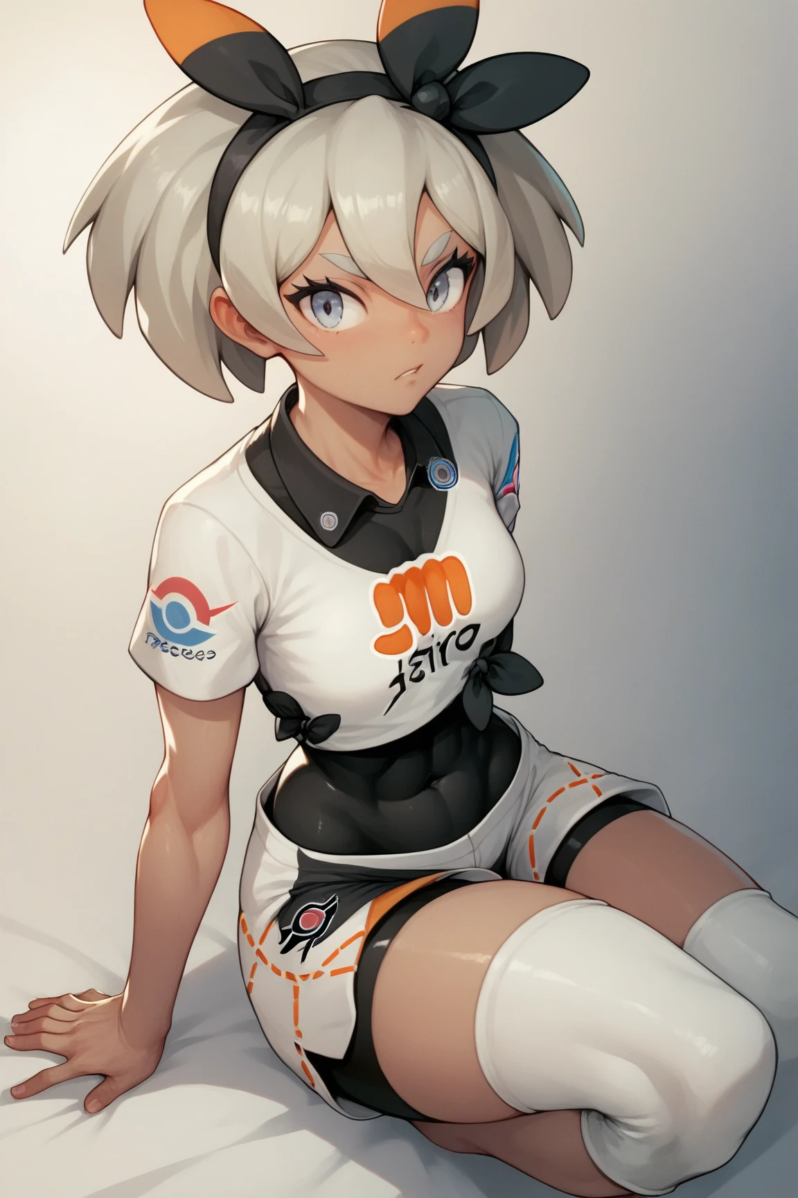 (masterpiece, best quality),  intricate details, 
1girl,  solo, 
 <lora:3DMM_V6:0.8> 3DMM,   <lora:SaitouV1:0.8> bea \(pokemon\), bow hairband, print shirt, tied shirt, black bodysuit, bodysuit under clothes, single glove, print shorts, knee pads, barefoot, bow hairband, black bodysuit, single glove, knee pads, barefoot,