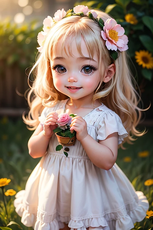 Baby girl cute child, beautiful little eyes, stunning hair, beautiful smile, happiness, looking at a beautiful little flower, image with a high quality, sparkles in detail --auto
