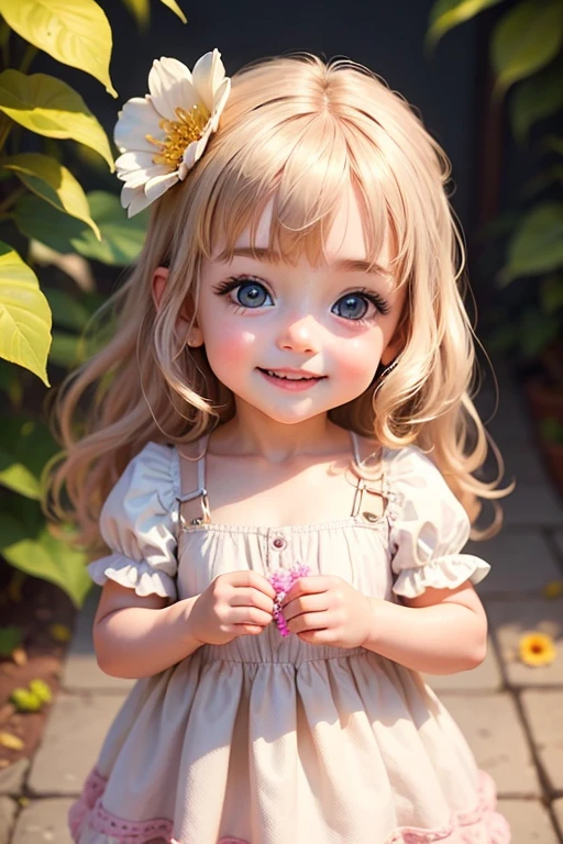 High Detail, Ultra Detail, 8K, Ultra High Resolution A cute and innocent girl, , toddler, enjoying her time in the open field, surrounded by the beauty of nature, warm sun sprinkling on her, wildflowers gently swaying in the breeze. Butterflies and birds flutter around her, adding to the playful atmosphere,