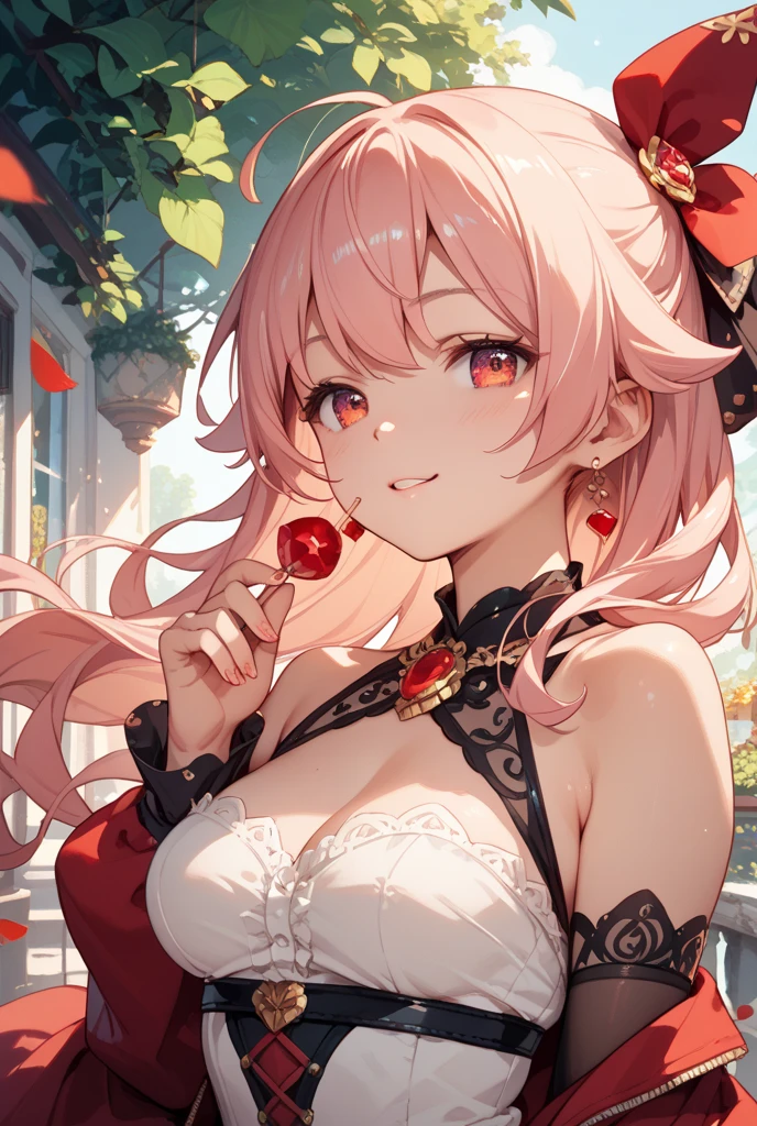 His chest was covered in blood、Anime girl with blood dripping from her chest, gapmoe Yandere grimdark, Devil anime girl, Shatia Bradfren, Bad guy anime 8k, Yandere intricate, portrait gapmoe Yandere grimdark, Vampire Girl, bloody + Concept Art, Yandere, Anime style 4k, Open mouth and bite,Blood at the corner of mouth,Small tiger teeth,Devil Wings, Gothic girl anime long skirt,Red Moon,castle