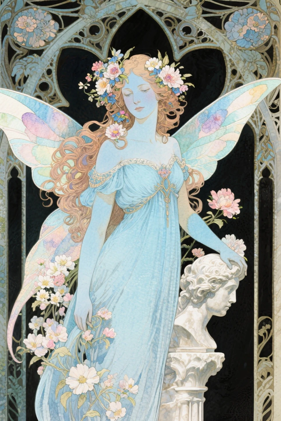 An ultra-fine watercolor painting，depicting a beautiful woman with flowers in her hair, in the style of Alphonse Maria Mucha and Gustave Kielmuth, art noveau accents, fairy princess, Anthropomorphic woman, Female figure, detailed cover artwork, playing as a nymph of flowers, Alphonse Mucha, by Gustav Klimt, Light blue skin, a marble sculpture, cgsociety, gothic art, art noveau, Winner of the Behance competition
