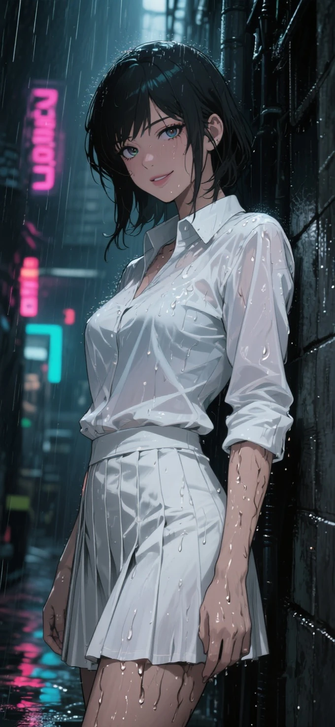Celluloid style,眼睛Closeup,quadratic element,anime,Retro comics,Closeup,Detailed face,Wearing a shirt and frilly skirt,The background is full of elements of Japanese subculture,Shady Corner of Punk City.Underwear rain.rain flowing all over,Evil Laughter,manic atmosphere,Strong Contrast of Light and Dark,eyes glowing,japanese manga