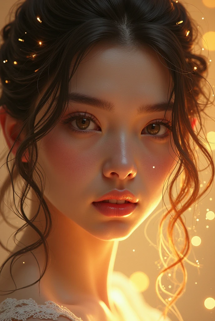 Elegant beauty with interlaced light,softly outlines the side face,hair with a golden glow in the backlight,The eyes are deep and charming,Bust portrait close-up