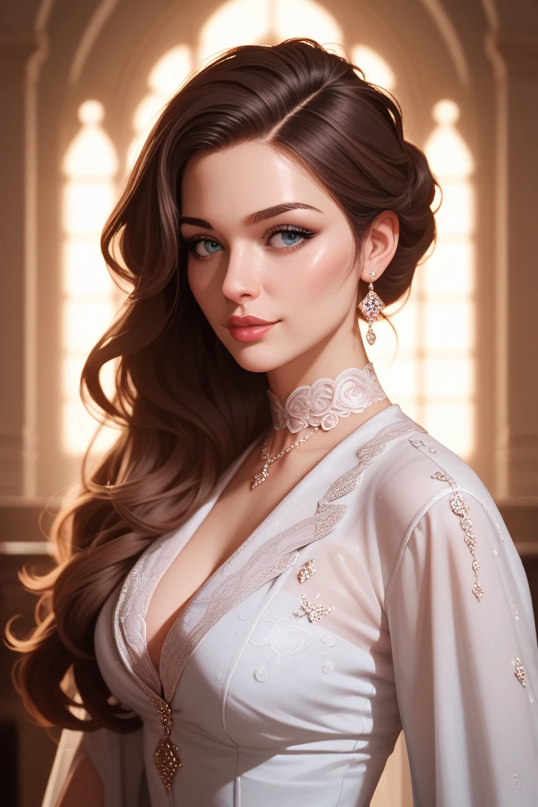 Portrait of an elegant young woman，Soft natural light，Warm colors，wearing a decent long dress，Half body portrait composition，Blur hazy background，Soft  dreamy atmosphere，Premium texture，Professional studio lighting，Cinematic feel