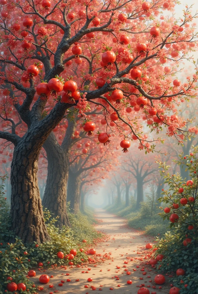 Pomegranate trees in bloom,pomegranate fruit hanging red on the branches,Shimmers in the sun,The foliage is luxuriant,The trunk is thick,Exudes a vibrant atmosphere,Touch the right chord,high-definition realism,Delicate  delicate,professional color coordination,soft light,Dreamy  beautiful,surrealistic oil painting texture