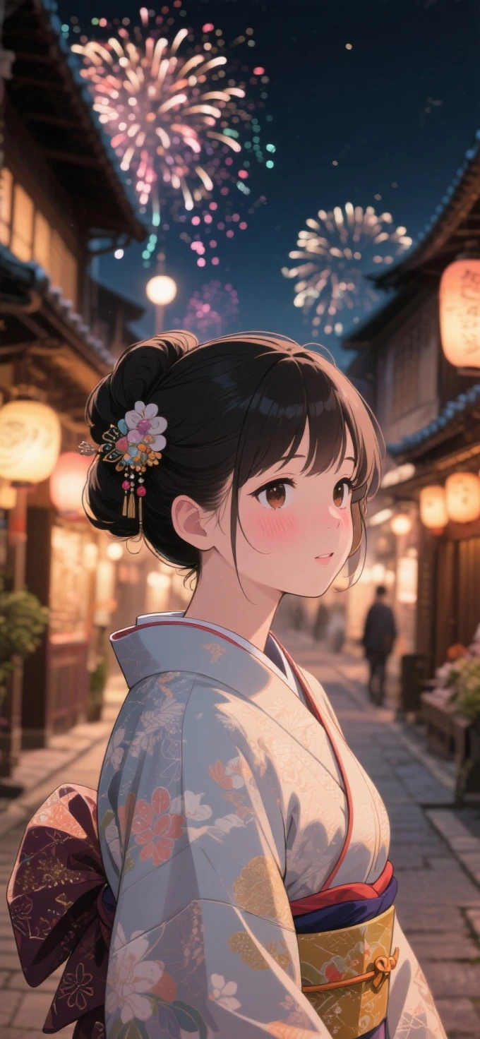 two-dimensional Japanese animated comic style，a beauty girl，wearing kimonos，Coiled hair，natta，bustling Japanese town streets，fire works，Close-up face close-up