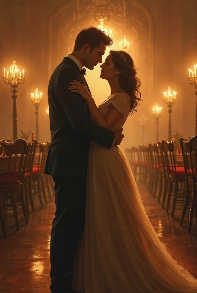 Vintage style couple dancing at a candlelit ball, Space surrounded by empty chairs and fading music. Scenes conveying memories and melancholy, Works drawn in textured digital oil painting style. Warm lighting, Aged colors, Obsession with the folds and expressions of clothing. Timeless visual poetry, cinematic quality, High resolution finishes.