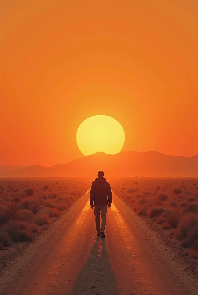 A wanderer walking along a long desert road at sunset, the burning orange of the horizon. with dust falling behind you at every step. scene evokes loneliness, toughness, and a beautiful. drawn in minimalist landscape realism, a warm color palette, 4k composition.