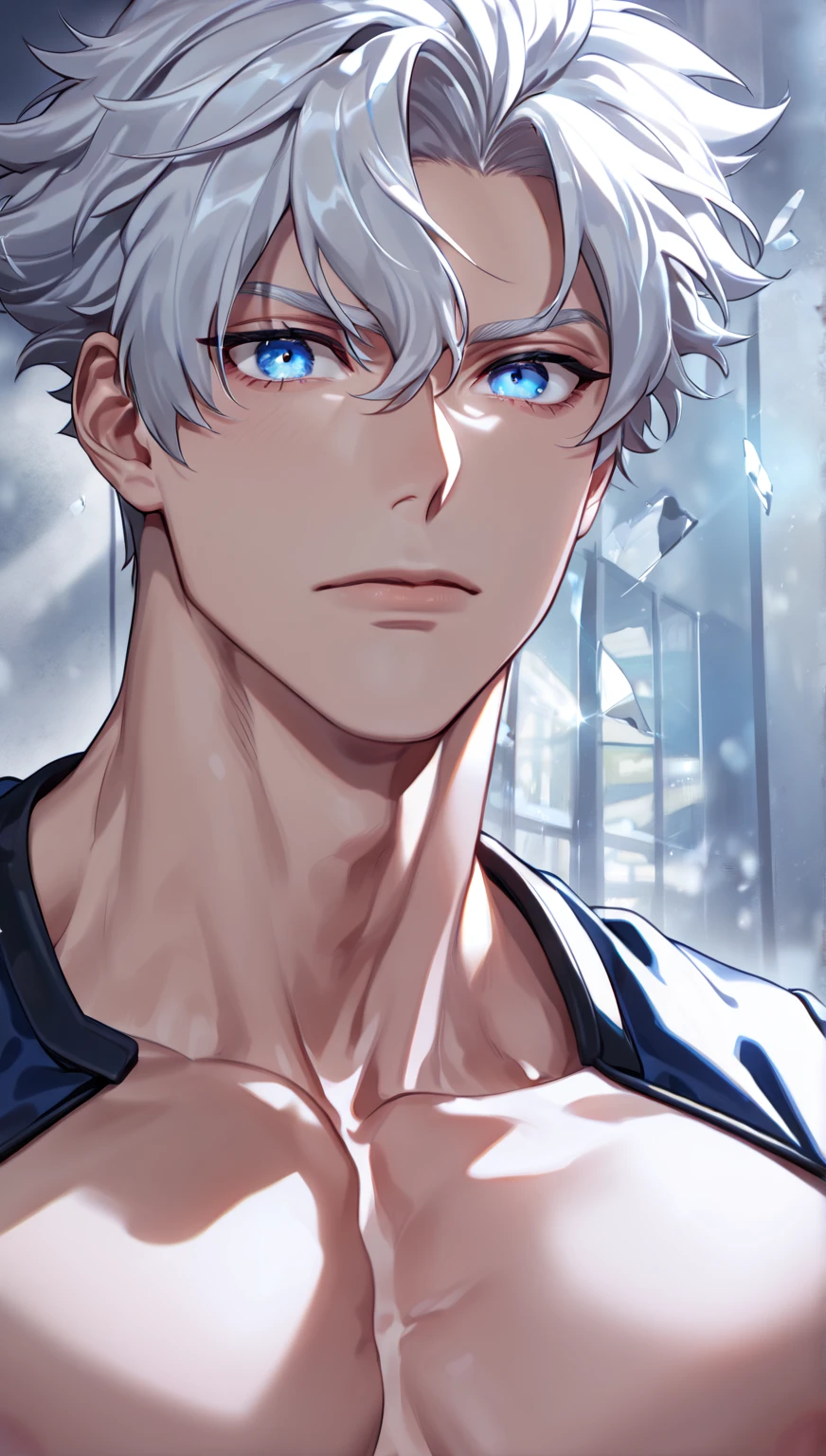 male adult,shirtless with abs,gym background,white hair,blue eyes,sweating,muscular