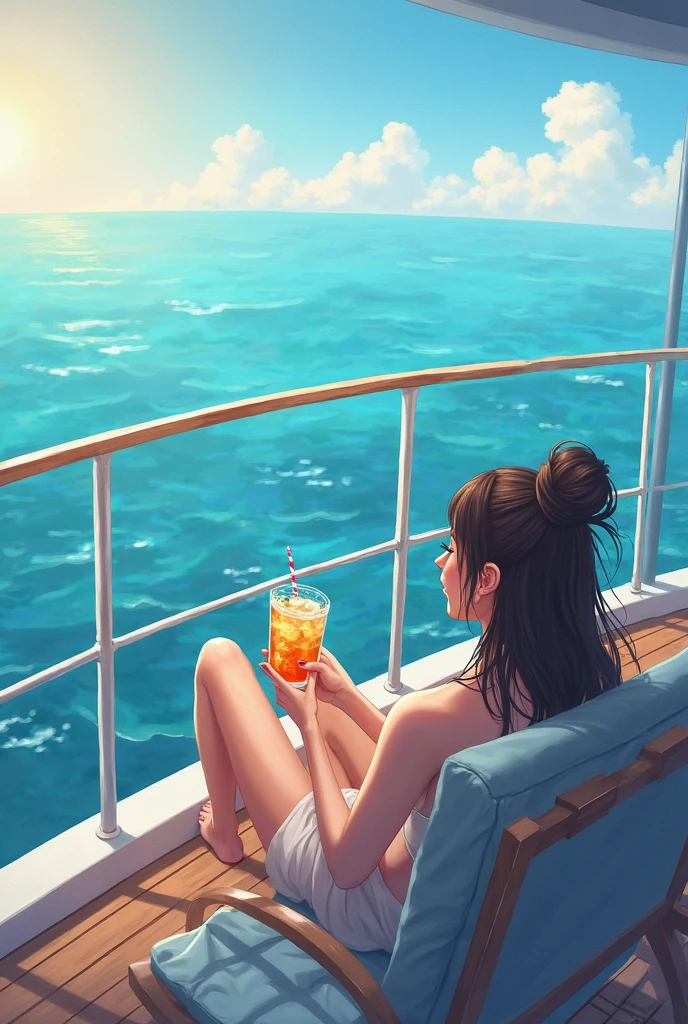 Japanese anime style,woman,Luxury Cruise Ship,Lying in a chair on the deck,Living elegantly,Champagne in hand,sunglasses,Japanese Style,アニメのwoman,The ship is luxurious