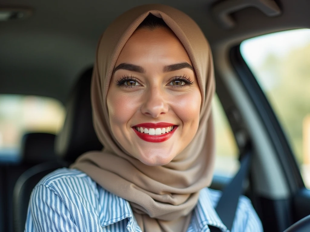 pretty hijab mom driving car with glasses and pretty makeup smiling