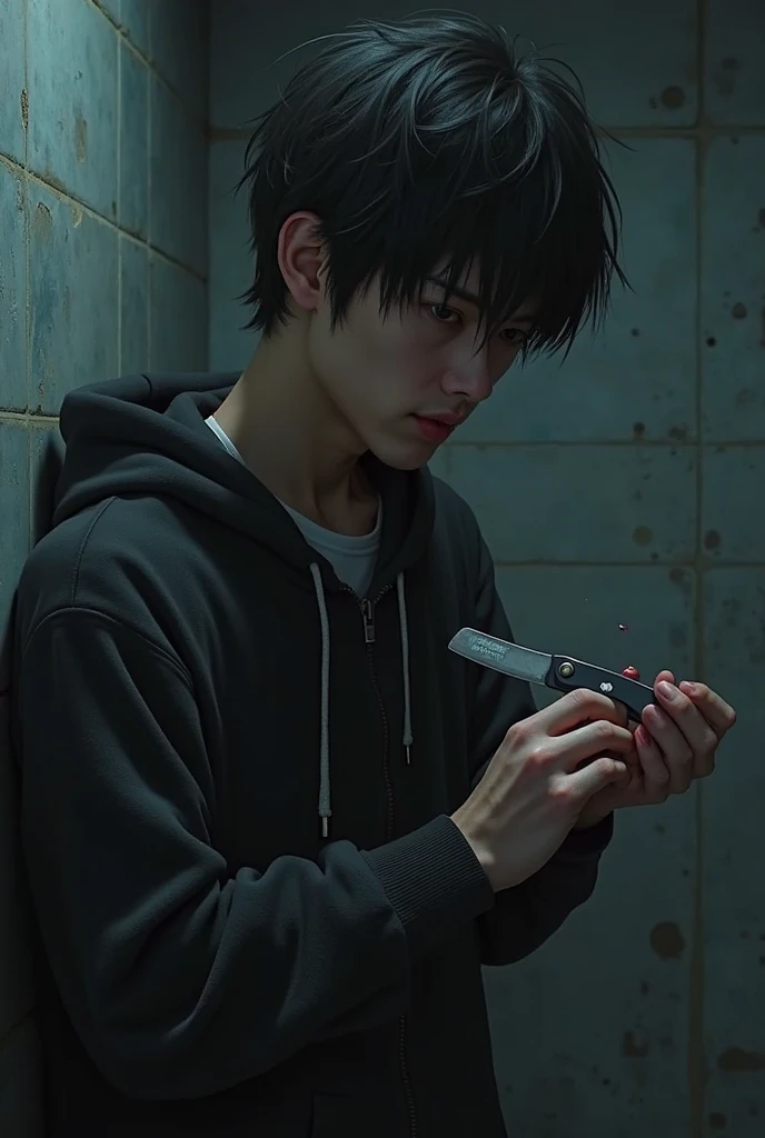 Create a boy with very short black hair, topless androgynous face and body with large woman's breasts wearing jeans and white sneakers sitting in a black armchair playing video games