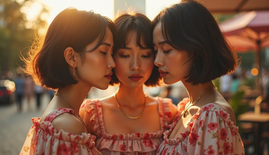 two girls, ebony skin, light African skin, short curly hair, brown hair, red lips, romantic atmosphere, foreheads glued together, eyes closed, faces dirty with dust and blood, away from the camera, showing from the waist up, blue light reflecting on their face from the side, black background, realistic, work of art