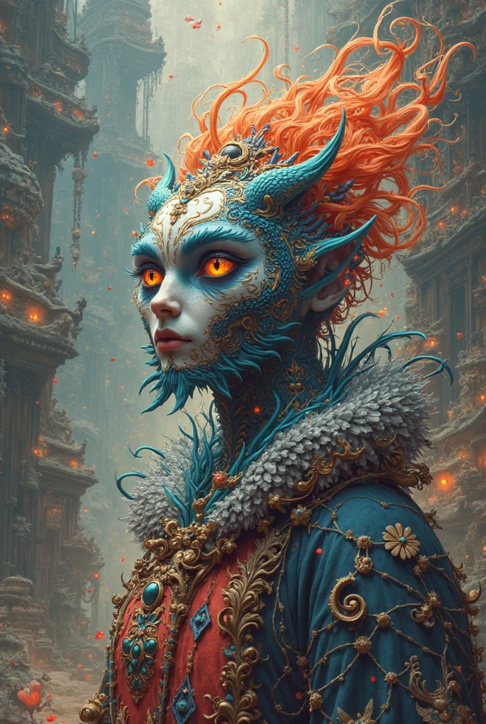 3D closeup of young handsome aristocrat - profile portrait with crown,Ram skull。Beautiful and complex Japanese crow, Fox mask and breadcrumbs Japanese kimono。a betta fish, jellyfish pheonix, Bio-luminescence, Plasma, icey, Eau, ventania, organism, Wu Ya and WLOP and works by Bippel and Greg Rutkovsky, creature00d, (Amber theme:0.7), mtu, mathematician,
