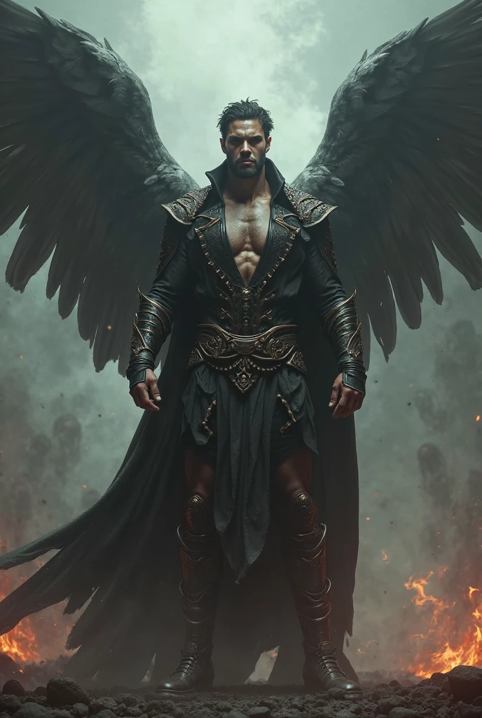 A muscular human angel in a black robe and blue wings
