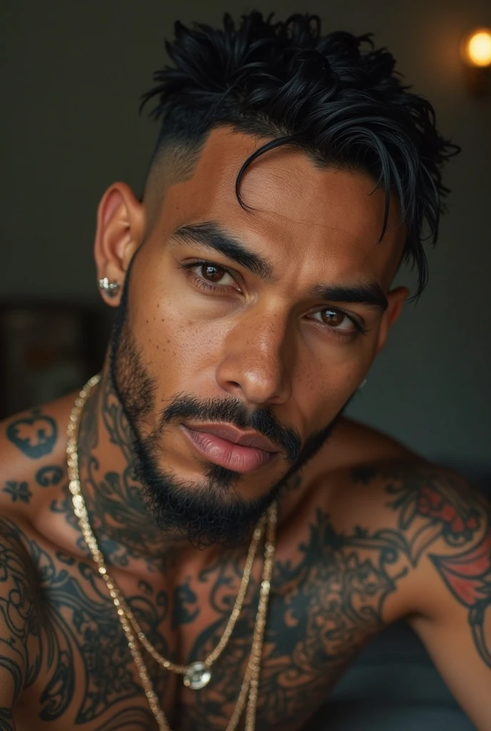 Homem jovem peito tatuado topete barba loira olhos claros na academia