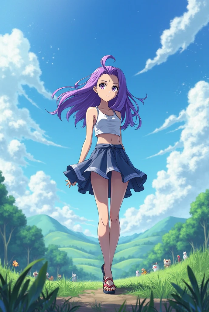 Stardew Valley, girl with purpler hair, pink tshirt, red skirt, purple boots, red skirt