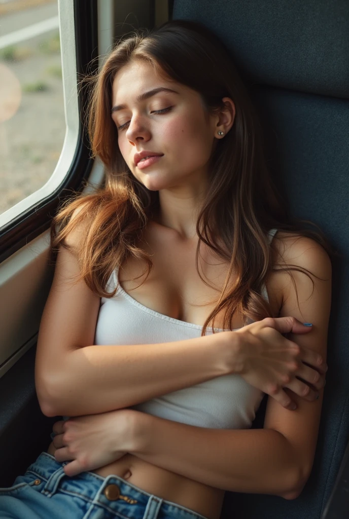 1 beautiful woman, large body, curvy, maroon hair, short hair, face made up, hair tied up in a bun, hair over the face, black low-cut blouse, FINGERS CROSSED, shot from above, top angle perspective, blue jeans, handbag blue, big nails, eyelids made up, eyelids outlined, asleep lying on a bus, head resting on the seat, eyes closed, MOUTH OPEN WIDE.