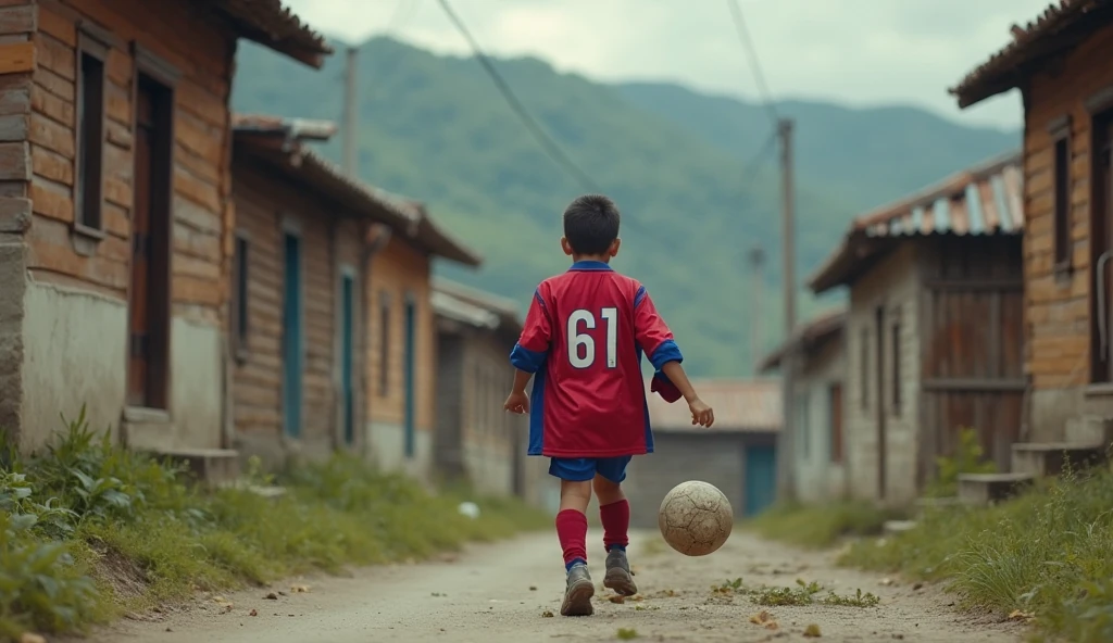 A boy in a Flamengo uniform with a soccer ball on his left foot , on the muddy street full of sewage ditch.