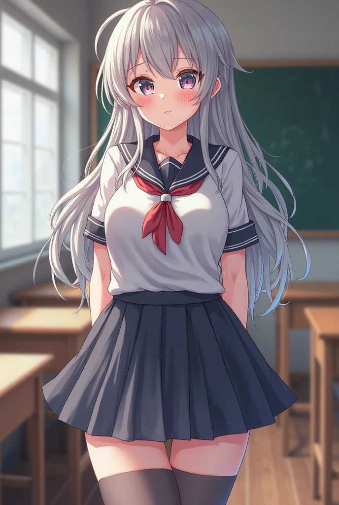 masterpiece,best quality,highly detailed,white hair,long hair,red eyes,medium breasts,oversized clothes,<lora:oversized_shirt_v0.2:1>,<lora:å¢å ç´°ç¯:0.7>,(hiten1:0.7),cowboy shot,serafuku,short sleeves,classroom,arms at sides,