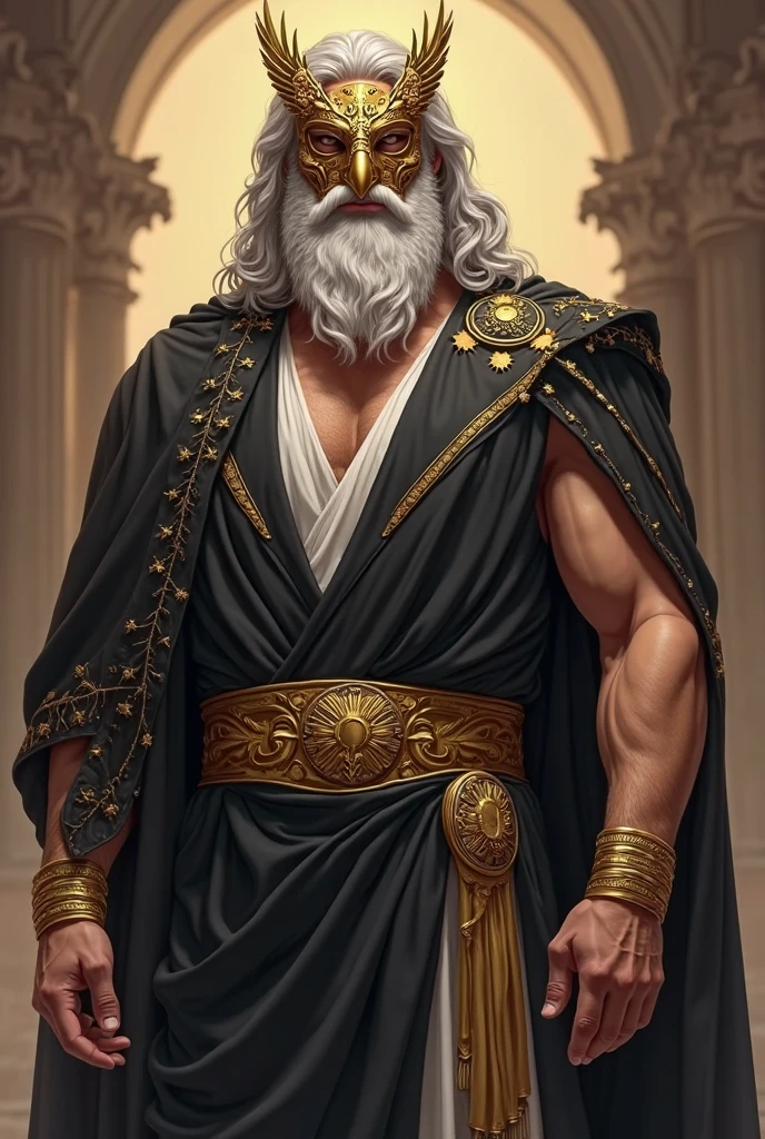 Greek mythology philosopher, Looking directly at us, Hall々Wise and wise, Zoomed out image, Mighty Image, The old philosopher with his beard shaven, Sitting in the clouds, Clouds everywhere, Realistic, Ancient Greek Clothing, Decent muscle definition (The background is dark, Sulky,)Lightning on background、Black Hair