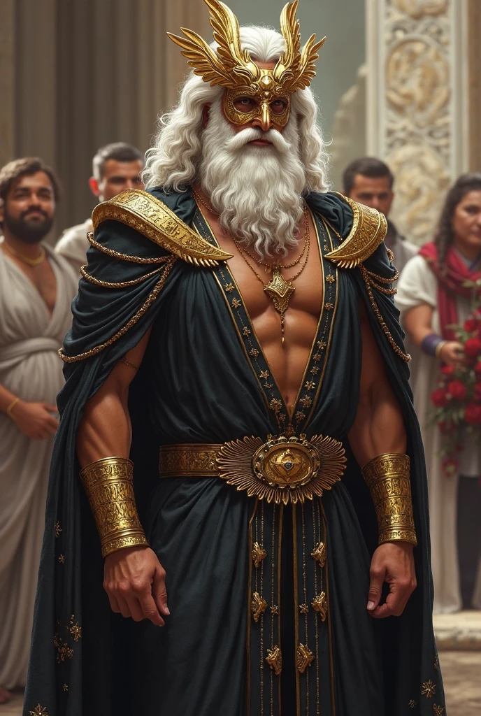 Zeus with white hair, with a flirtatious face, with more clothes. He is surprised with full body looking up