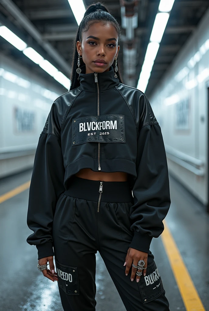 A mesmerizing female rapper black oozing goo drippy oozing hip hop baggy saggy clothes recling on street turf