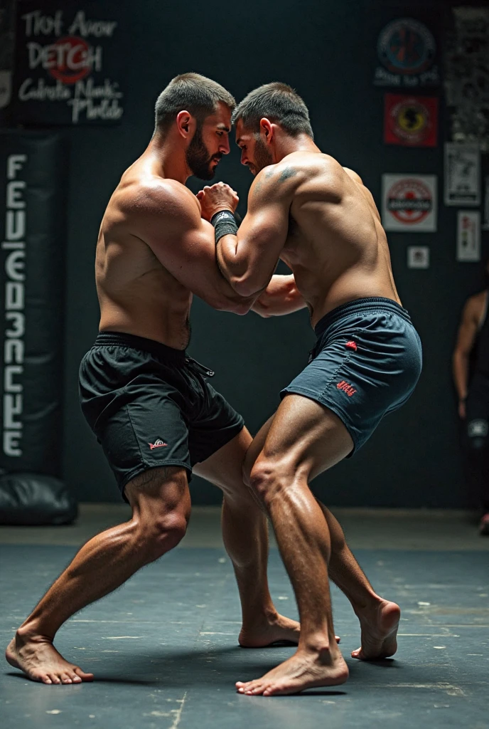 full view full body, two shirtless beerbellied over-muscular bloated white european men heavyweights with undercut clean haircuts, lycra jumpuis, white socks nad air max sneakers, flex double biceps before they fight in an fight club cage match.