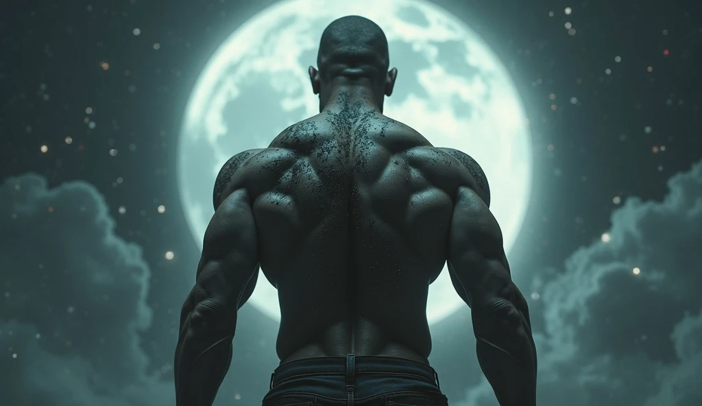 Muscular man looking at the moon