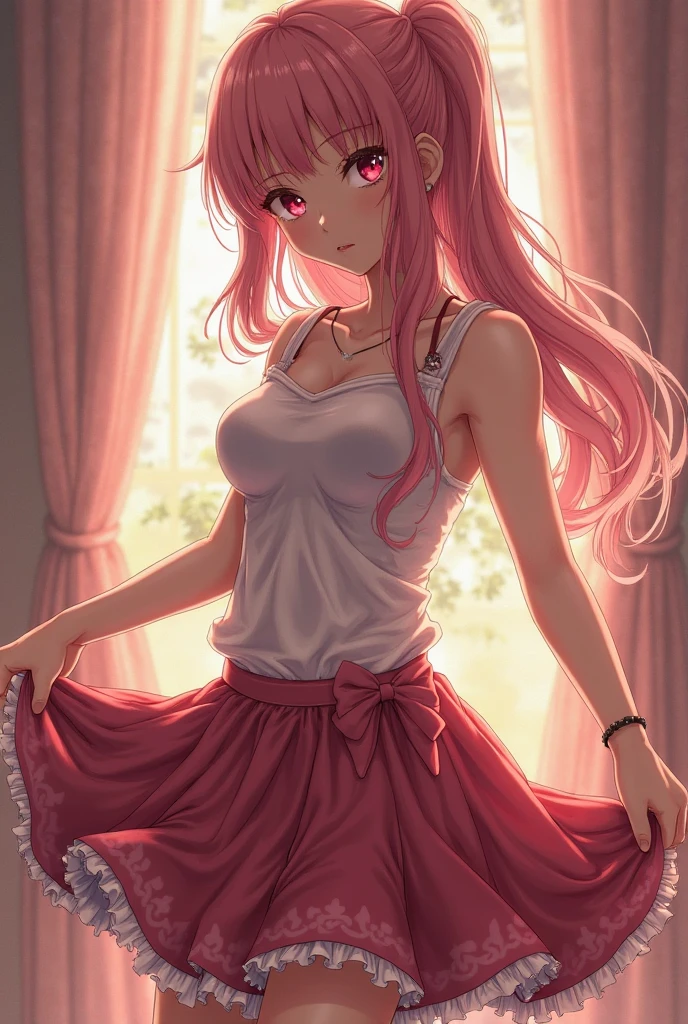 Make a very cute and sexy girl with pink hair, and with a short yellow skirt that is blushing and is now naked, without underwear 