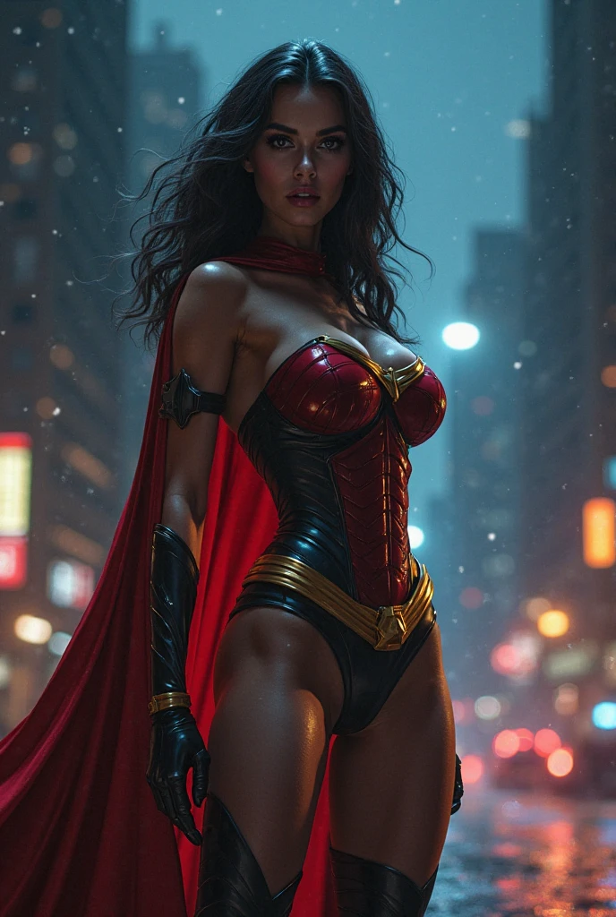 nsfw. Generate a scene inspired by the epic battle sequence from Avengers: Endgame. The setting is the middle of a ruined nyc war-torn urban warfare with rubble collapsed buildings and debris scattered around. 
 In the foreground, pornstar margot robbie as marvel comics scarlet witch wearing original comicbook classic costume design sexy scarlet red latex corset and latex micro-front-thong pussy-wedgie panties and pink tights, red cape (scarlet witch classic costume)
high heel boots
( use scarlet witch costume reference urls: https://i.pinimg.com/originals/b9/d1/83/b9d1836758e418b29617bfa0dc4edf31.jpg
https://cosplayers.acparadise.com/53187/53187-f5e74a72cc100ecef27cf125ad9c9ac5.jpg
https://images-wixmp-ed30a86b8c4ca887773594c2.wixmp.com/f/69a946b2-4e42-45ce-afac-63d16bfbe1fa/d5lymgl-25327665-fa69-447d-a9f1-e03fb9dcb1aa.jpg/v1/fill/w_730,h_1095,q_75,strp/scarlet_witch_recline_by_hollygloha-d5lymgl.jpg )
pornstar smoky eyes dark eyeliner, mascara, eyeshadow make up
ultra-tight high waist ultra-high-cut cameltoe panties showing her hips, pelvis and detailed cameltoe, smooth shaved pussy
red satin cape billowing in the wind
long black hair rimlight blowing billowing in the wind summons lightning, casting a powerful spell.  The sky is dark and ominous, with flashes of lightning illuminating the scene. The scene is dynamic and intense, capturing the chaos and heroism of the battle.
, low-angle shot, wide-angle shot, handheld shot, dramatic angle, extreme angle shot, epic fantasy
scarlet red pussy strap bondage costume
mylatexbaby
latex-post.com
(red satin cape billowing in the wind)
deep detailed bald-pussy cameltoe,