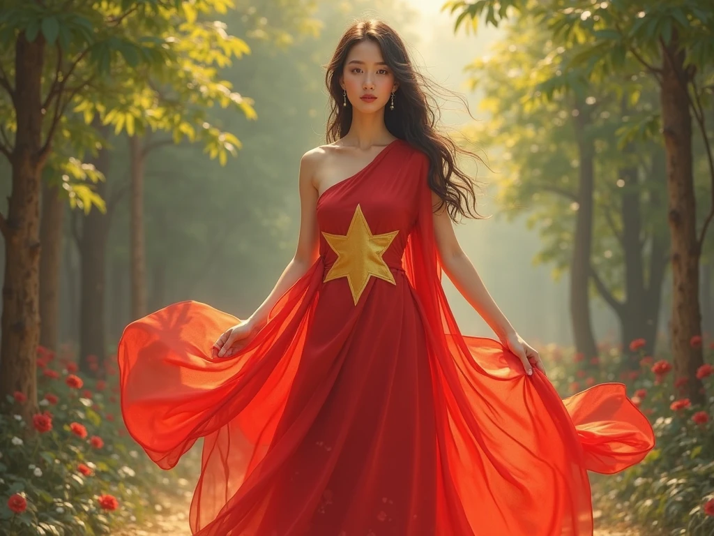 A girl is wearing a traditional Vietnamese ao dai, with the ao dai hugging her body, creating a graceful and gentle look. Her ao dai is printed with the Vietnamese flag, standing out with a red background and a five-pointed yellow star in the front. Her hair is long, jet-black and naturally loose, falling on both sides of her shoulders. She is standing in an open space, maybe in the middle of a field, an old town, or on the riverbank, creating a peaceful scene reminiscent of her homeland Vietnam. Her eyes shine with pride and patriotism, clearly reflecting the national spirit through this unique costume.