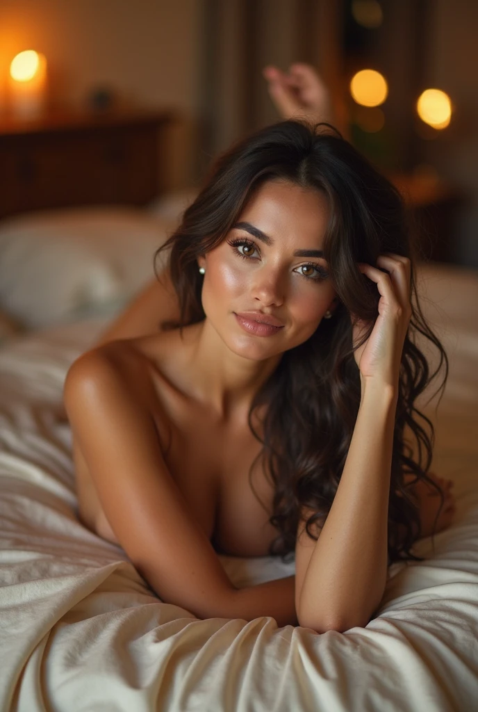 Sexy Indian woman, nude pose, crawling on bed, naked, no clothes, showing buttock, firm breast, sexy ass, long curly hair, indoors, soft lighting, plants in background, window with sunlight, cozy room, realistic, intricate details, warm colors