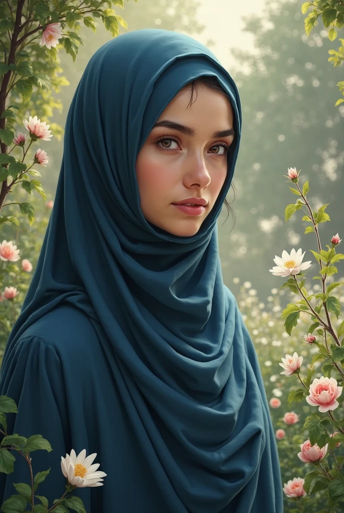 (photorealism:1.2), a young Muslim beautiful  Indonesian   sitting on bed, make it Hijab Color Blue ,wearing loose off-shoulder top, pajama pants, hijab blue motiv Green, indoors, soft lighting, plants in background, window with sunlight, cozy room, relaxed pose, realistic, intricate details, warm colors, by Greg Rutkowski, by Alphonse Mucha