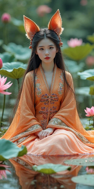 Photographic Reality　Looking straight at the camera　Absurd, High resolution, Very detailed, (1 girl:1.3), ((Photographic Reality)), Simple lines, Beautiful woman in colorful Chinese Hanfu, Sexy Woman, Near the lotus pond, masterpiece, Sit on the water, Floating clothes, Flowing Hair