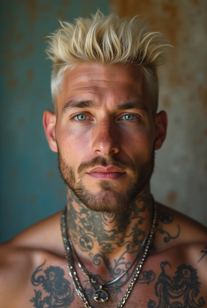 arafed man with tattoos on his arms and neck standing on the beach, marshal mathers, christian cline, tattooed man, with tattoos, tattooed, andrew gonzalez, profile image, inked, posing on a beach with the ocean, damian kryzwonos, blonde man, raphael personnaz, style of seb mckinnon, adam varga, one man is blond