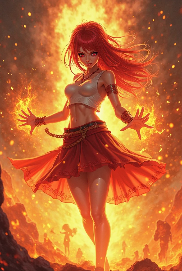 Fairy tail anime girl ,orange light magic, red ish eyes, long dark orange hair, crop shirt savage looking add skirt



