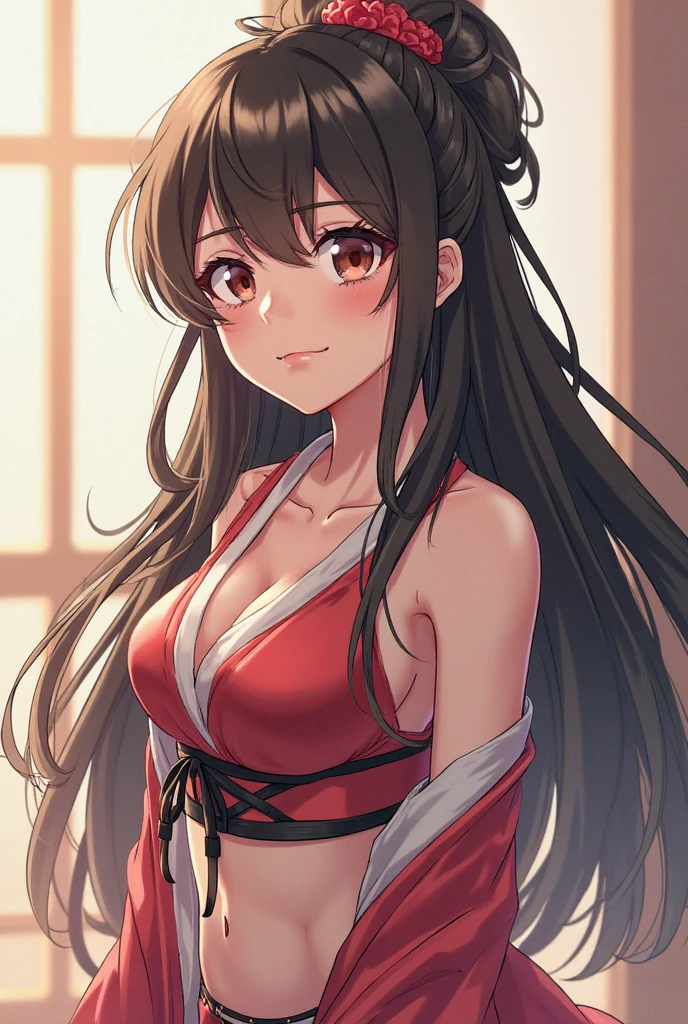 (最高masterpiece, highest quality,Official Art),((Attractive woman),)((masterpiece, highest quality))、Gray Hair、Wavy Hair、(Mysterious Beauty:1,3)、Japan priestess style、red colored hakama、((Armpit milk))、Red eyes、smile、Red cheeks、Sparkling eyes、Narrow eyes、Japanese Shrines、Waist to head、Near and far in the air、Great illustrations、Light、Medium chest