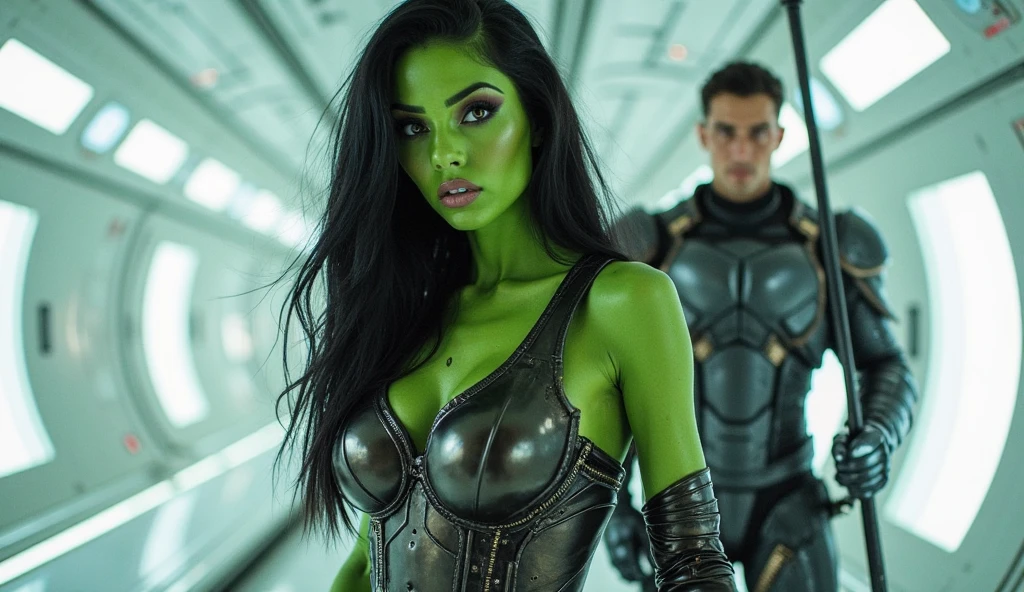 (((Incredibly sexy Starship crew member wearing a revealing uniform))) stands with her (((green scaly skinned Alien captain))) on board ship
