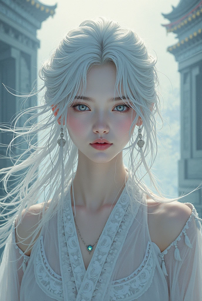 A girl with white hair is crying under the blue sky, with two braids, blue-green eyes, in a white wedding dress, against the light