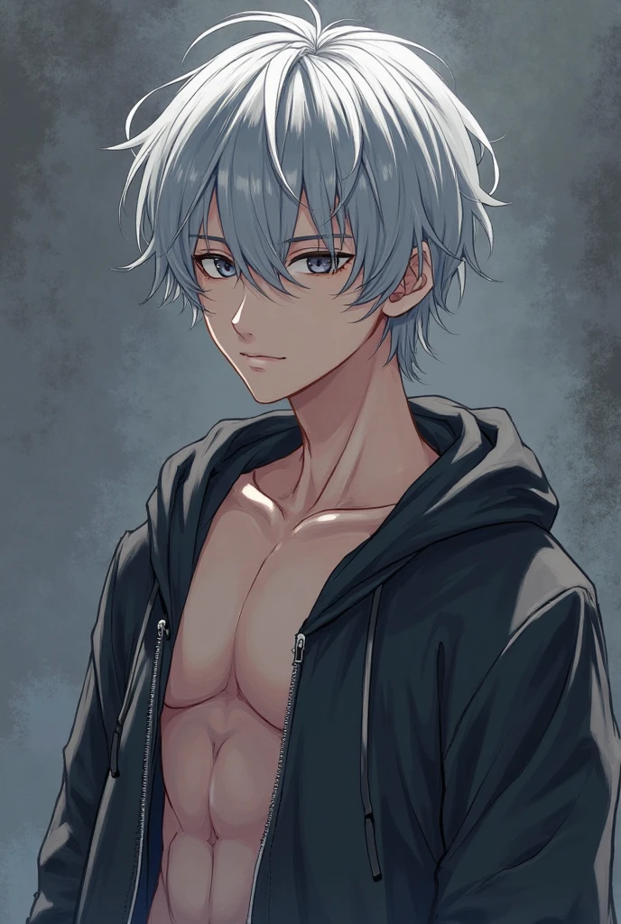 masterpiece,highres,highly detailed,male focus,1boy,solo,red eyes,grey hair,smile,sitting