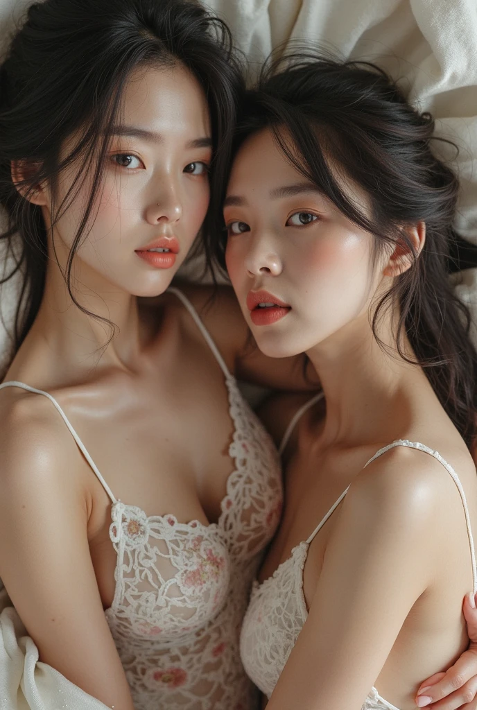 beautiful detailed eyes, beautiful detailed lips, extremely detailed eyes and face, long eyelashes, 1 asian woman, black lingerie, laying on king size bed, seductive pose, high quality, 8k, detailed, photorealistic, chiaroscuro lighting, dramatic shadows, warm color tones, cinematic composition